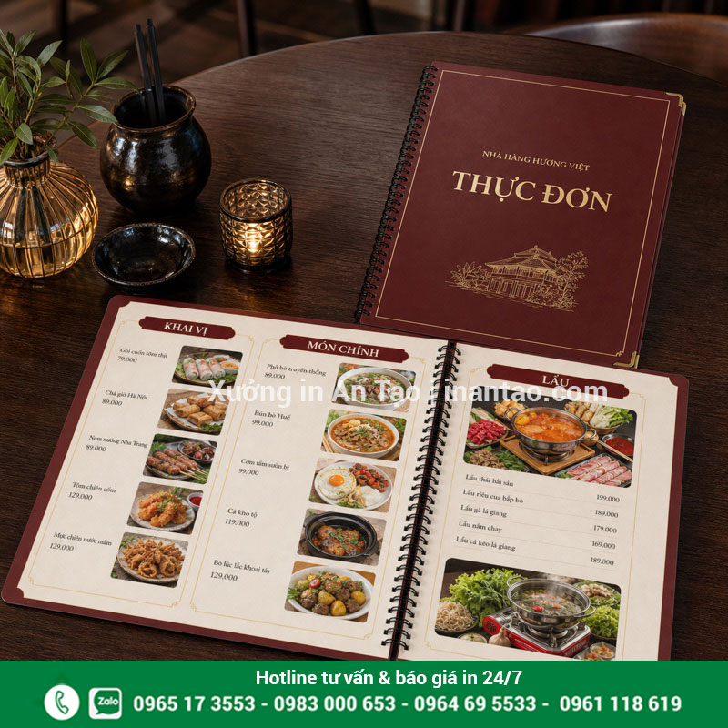 Mẫu menu nhựa nhà hàng bền đẹp dễ vệ sinh Menu nhựa nhà hàng món Việt in hình ảnh và giá rõ ràng