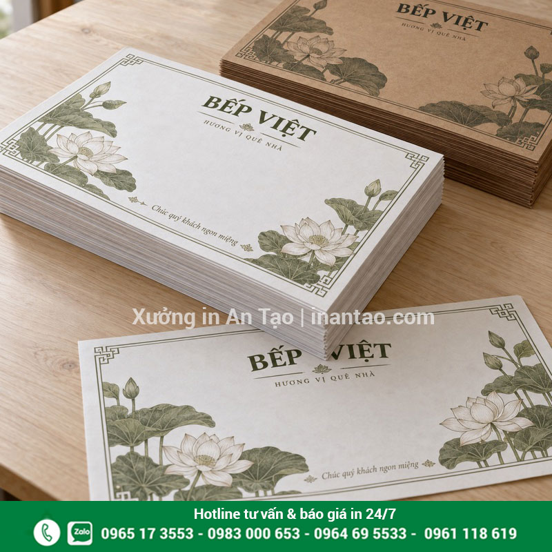 Các xấp giấy lót bàn đã in thiết kế Bếp Việt được xếp gọn trên bàn
