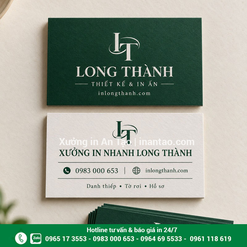 Bố cục danh thiếp hai mặt dễ đọc Thiết kế hai mặt danh thiếp Long Thành với tên thương hiệu, website và số điện thoại
