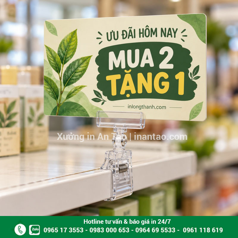 Cận cảnh kẹp wobbler giữ bảng quảng cáo tại điểm bán Wobbler kẹp nhựa trong giữ bảng ưu đãi mua 2 tặng 1 trên mép kệ