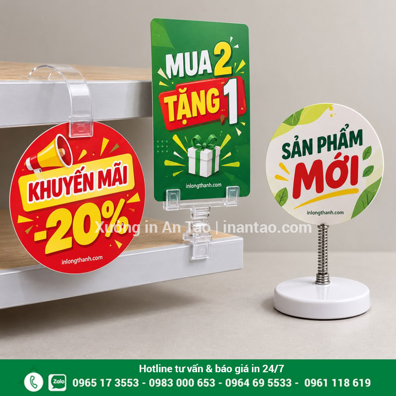 Mẫu wobbler quảng cáo theo yêu cầu tại inlongthanh.com Ba mẫu wobbler quảng cáo thân nhựa, dạng kẹp và lò xo để bàn