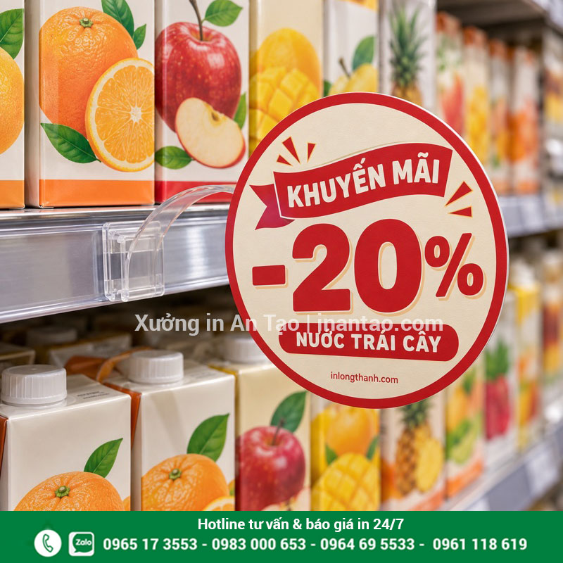 Mẫu wobbler siêu thị gắn kệ giới thiệu khuyến mãi Wobbler siêu thị hình tròn giảm 20% gắn bằng thanh nhựa trong