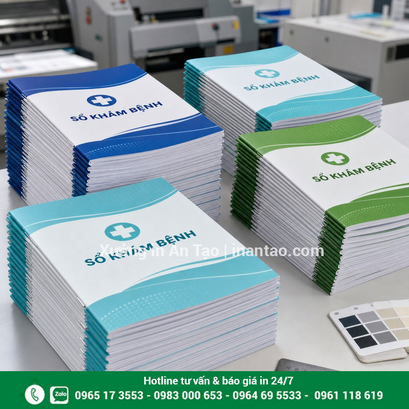 Kiểm tra thành phẩm in sổ khám bệnh số lượng lớn Các chồng sổ khám bệnh đã in và đóng cuốn tại xưởng