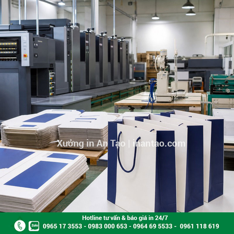 Quy trình sản xuất túi giấy tại xưởng in Xưởng in túi giấy với máy offset và túi thành phẩm